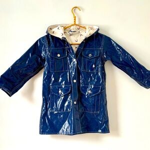 Vintage Kids Raincoat 1960s Blue Fabil Rain Jacket Hood Nautical Fisherman Retro